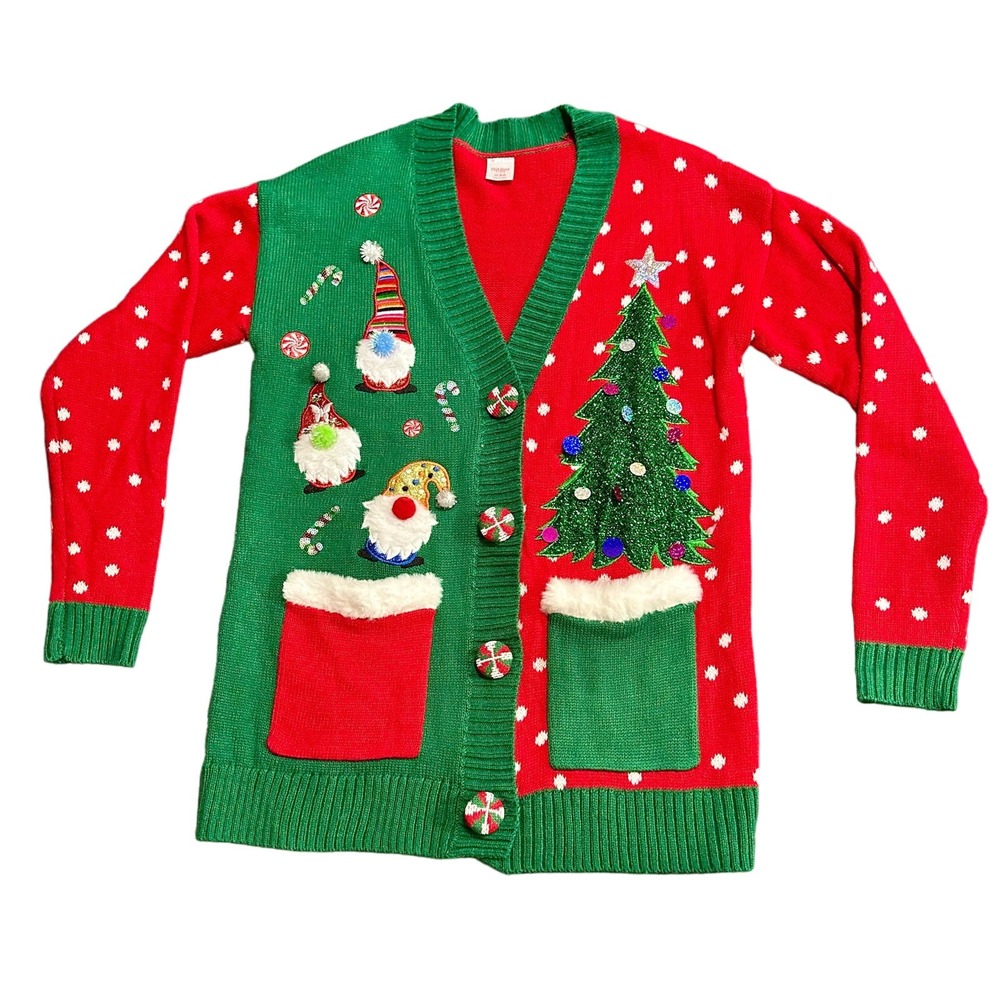 Christmas Sweater red green Santa Christmas Tree Embroidered